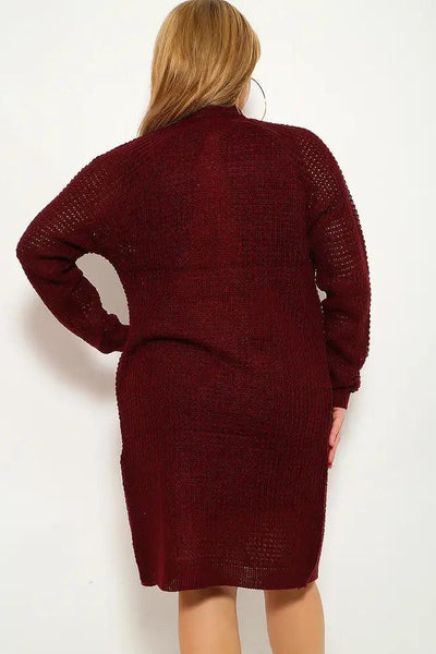 Wine Knitted Long Sleeve Plus Size Cardigan - AMIClubwear