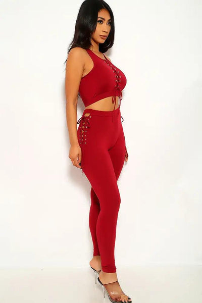 Wine Lace Up Two Piece Outfit - AMIClubwear