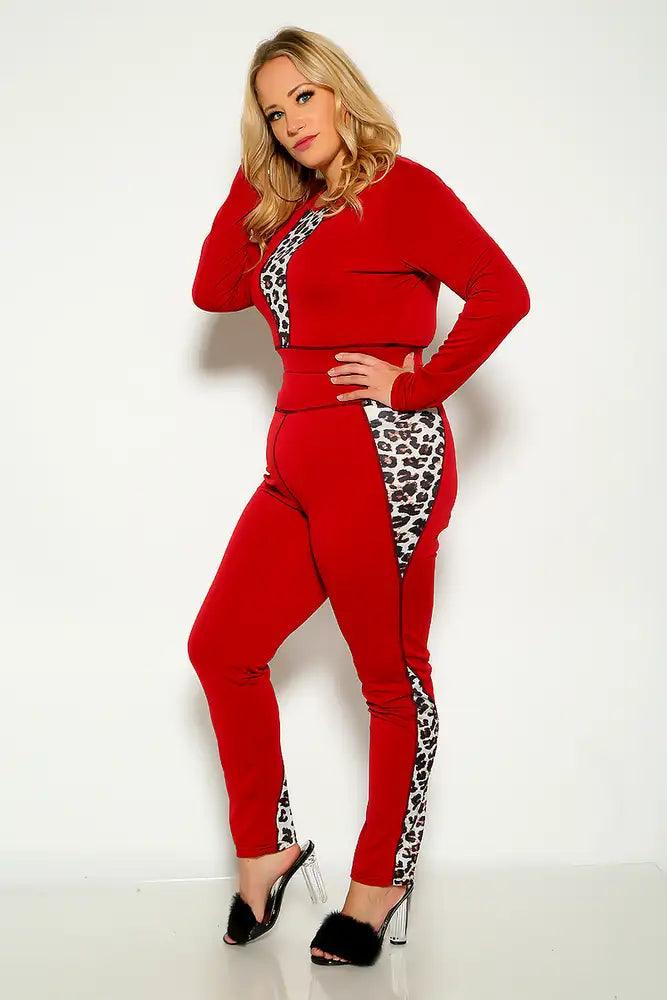 Wine Leopard Plus Size Long Sleeve Two Piece Outfit - AMIClubwear