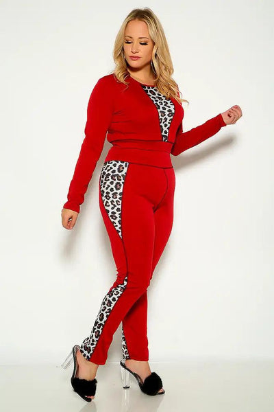 Wine Leopard Plus Size Long Sleeve Two Piece Outfit - AMIClubwear