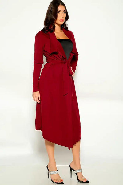 Wine Long Sleeve button Up Trench Coat - AMIClubwear