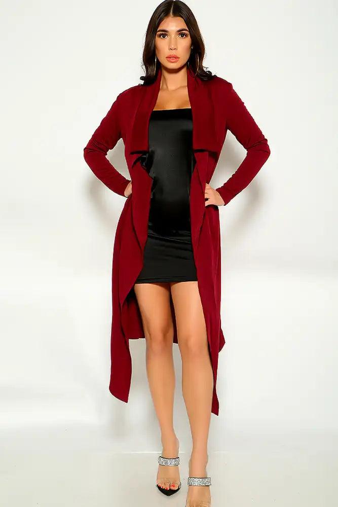 Wine Long Sleeve button Up Trench Coat - AMIClubwear