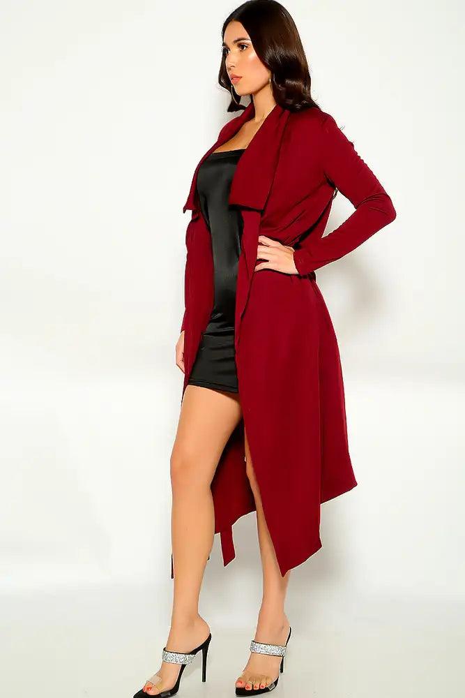 Wine Long Sleeve button Up Trench Coat - AMIClubwear