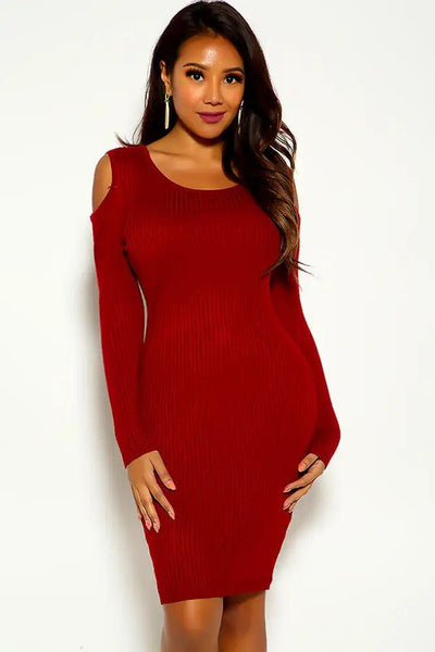 Wine Long Sleeve Cold Shoulder Ribbed Sweater Party Dress - AMIClubwear