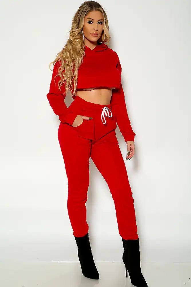 Wine Long Sleeve Cozy Cropped Lounge Wear Two Piece Outfit - AMIClubwear