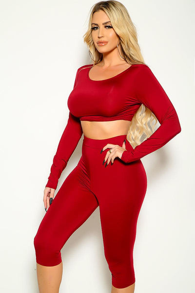 Wine Long Sleeve Crop Top Knee Length 2 Pc Set - AMIClubwear