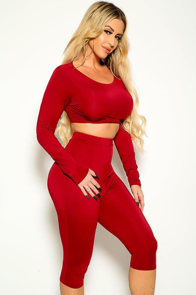 Wine Long Sleeve Crop Top Knee Length 2 Pc Set - AMIClubwear