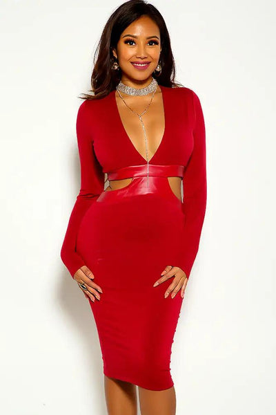 Wine Long sleeve Cut Out Party Dress - AMIClubwear