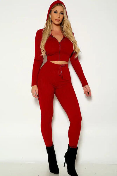 Wine Long Sleeve Hooded Two Piece Lounge Outfit - AMIClubwear