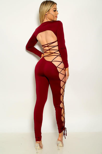 Wine Long Sleeve Lace Up Hollow Out Sexy Jumpsuit - AMIClubwear