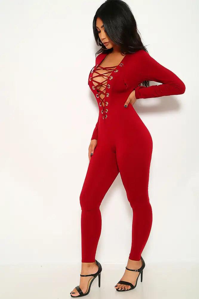 Wine Long Sleeve Lace Up Jumpsuit - AMIClubwear