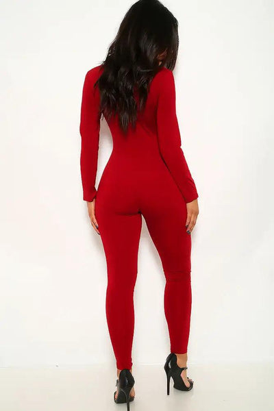 Wine Long Sleeve Lace Up Jumpsuit - AMIClubwear