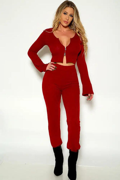 Wine Long Sleeve Ribbed Zip Up Two Piece Outfit - AMIClubwear