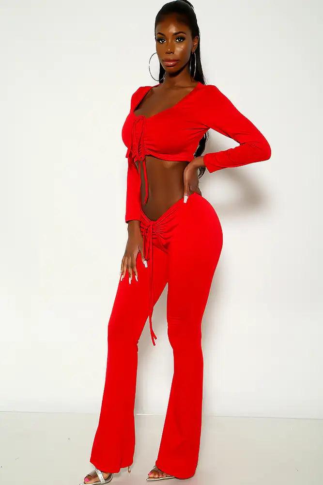 Wine Long Sleeve Ruched Two Piece Outfit - AMIClubwear