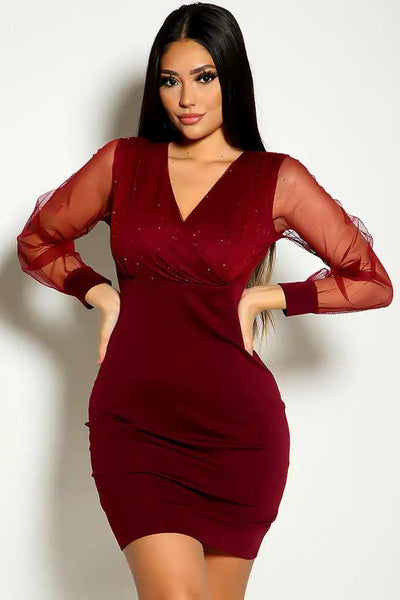 Wine Long Sleeve Sparkle Mesh Party Dress - AMIClubwear