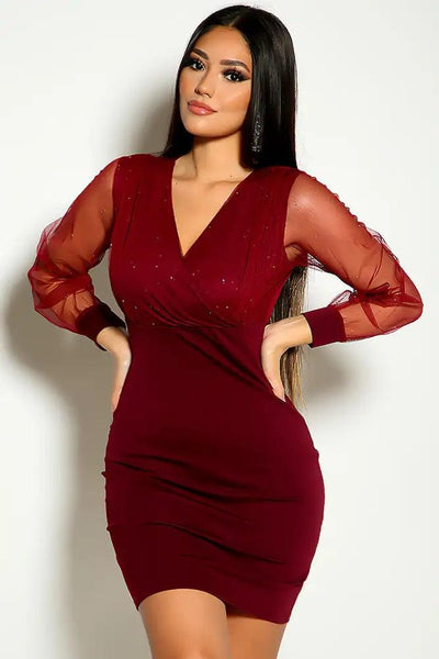 Wine Long Sleeve Sparkle Mesh Party Dress - AMIClubwear