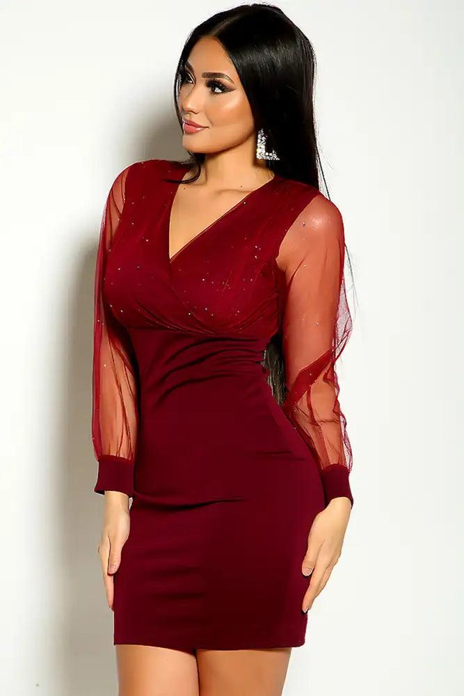 Wine Long Sleeve Sparkle Mesh Party Dress - AMIClubwear