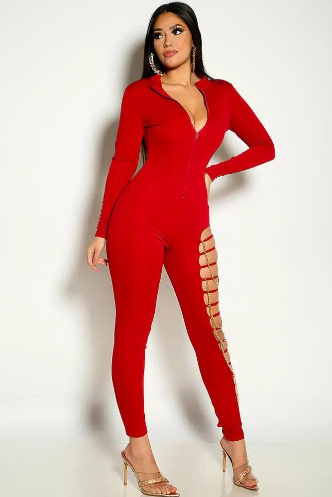 Wine Long Sleeve Strappy CHain Detail Sexy Jumpsuit - AMIClubwear