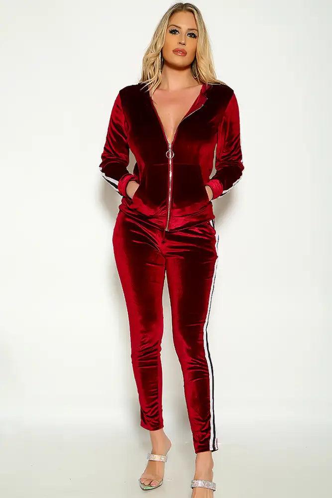 wine Long Sleeve Velvet Two Tone Zip up Two Piece Outfit - AMIClubwear