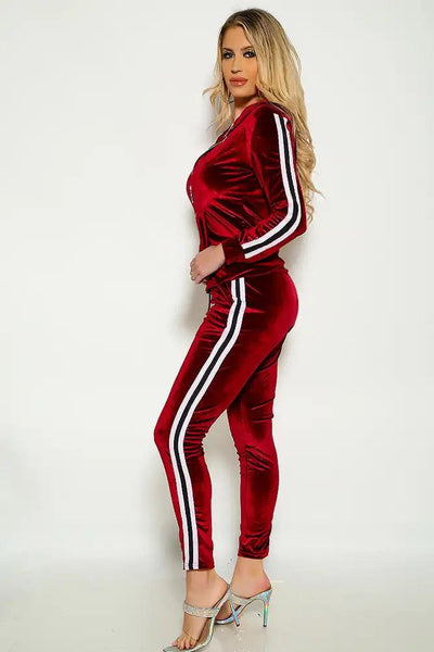 wine Long Sleeve Velvet Two Tone Zip up Two Piece Outfit - AMIClubwear