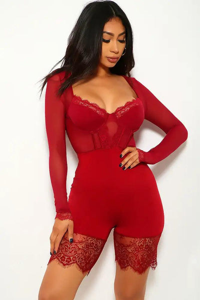 Wine Long Sleeves U-Wire Romper - AMIClubwear