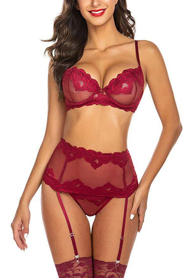 Wine Mesh Embroidered Gartered Three Piece Lingerie - AMIClubwear