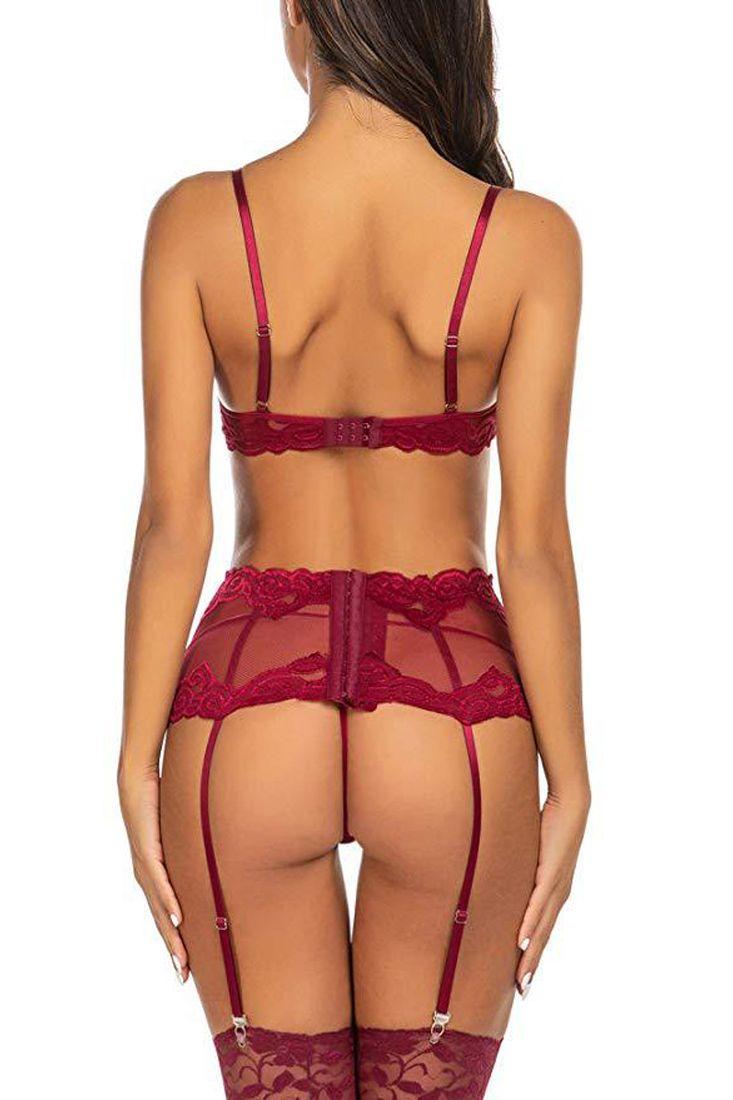 Wine Mesh Embroidered Gartered Three Piece Lingerie - AMIClubwear