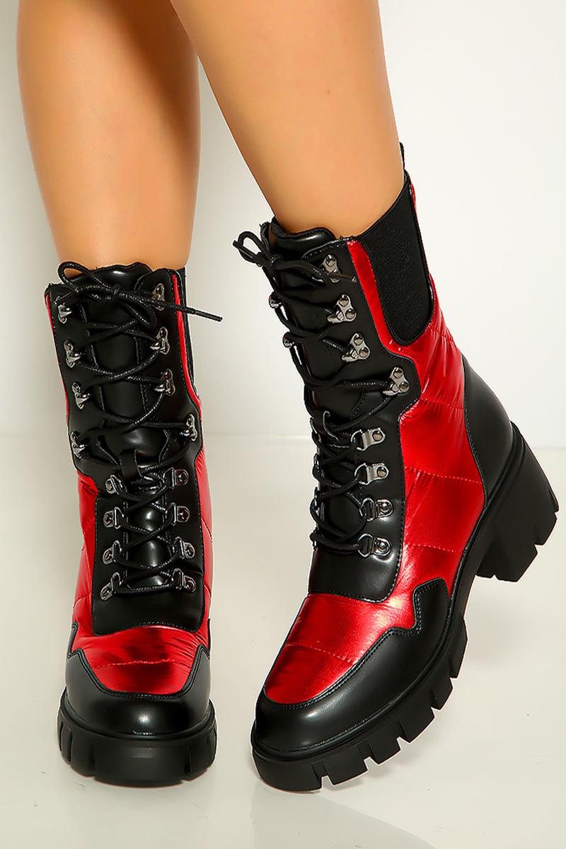 Wine Metallic Quilted Lace Up Combat Ankle Boots - AMIClubwear