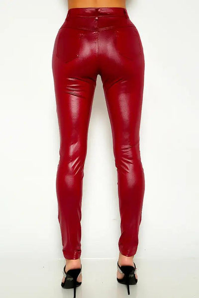 Wine Mid Rise Faux Leather Pants - AMIClubwear
