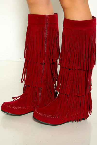 Wine  Moccasin Fringe Knee High Suede Flat Boots - AMIClubwear