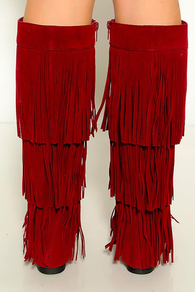 Wine  Moccasin Fringe Knee High Suede Flat Boots - AMIClubwear