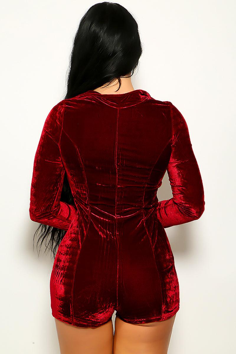 Wine Mock Neck Front Zipper Velvet Romper - AMIClubwear