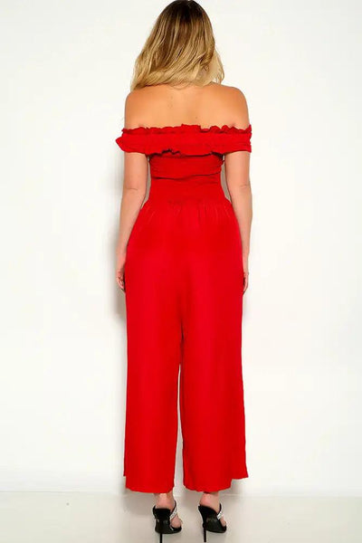 Wine Off The Shoulder Flared Leg Jumpsuit - AMIClubwear