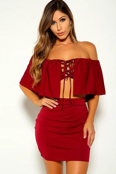 Wine Off The Shoulder Lace Up Two Piece Dress - AMIClubwear