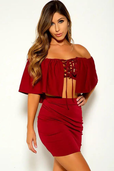 Wine Off The Shoulder Lace Up Two Piece Dress - AMIClubwear