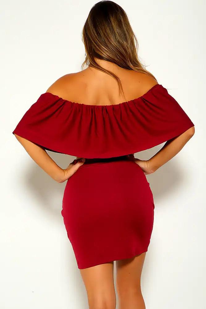 Wine Off The Shoulder Lace Up Two Piece Dress - AMIClubwear