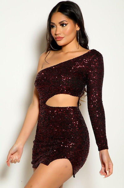 Wine One Shoulder Long Sleeve Cut Out Sequins Party Dress - AMIClubwear
