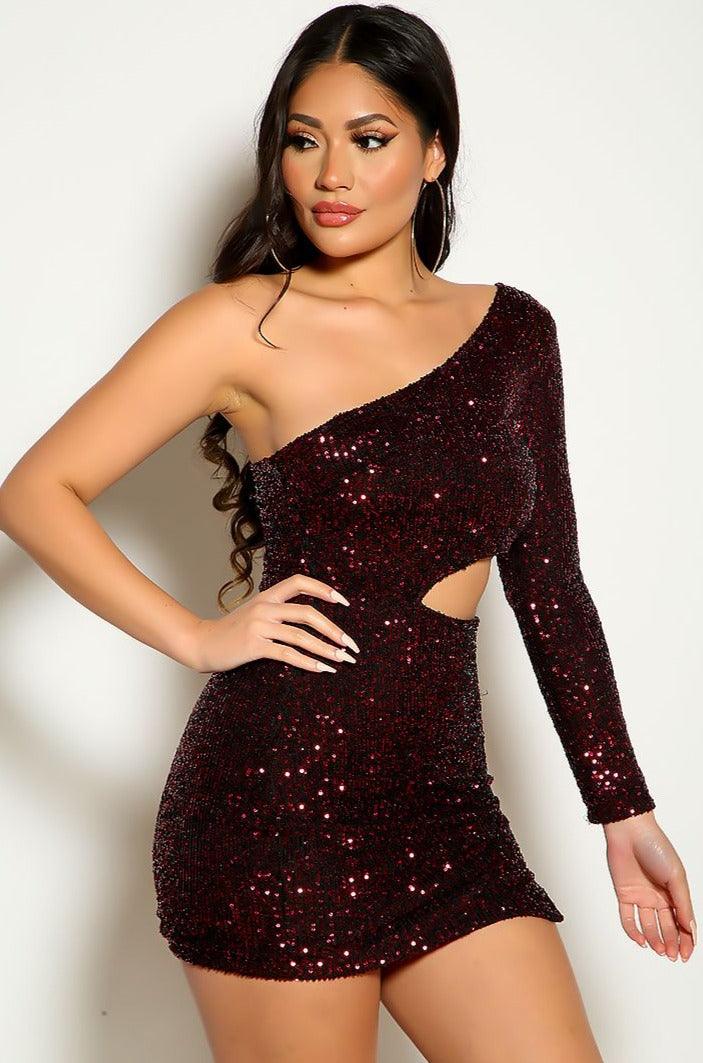 Wine One Shoulder Long Sleeve Cut Out Sequins Party Dress - AMIClubwear