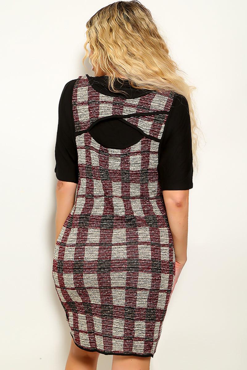 Wine Plaid Round Neck Knee Length Overall Dress - AMIClubwear