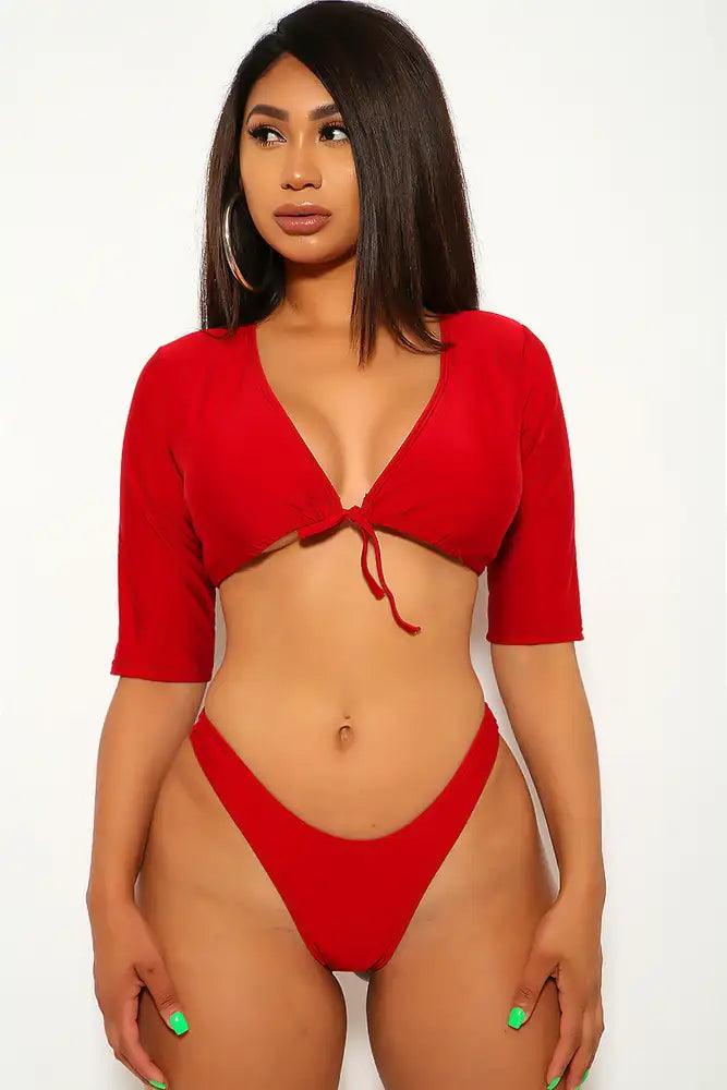 Wine Quarter Sleeve Cheeky Two Piece Swimsuit - AMIClubwear