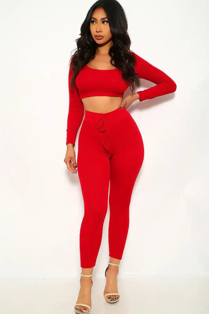 Wine Ribbed Long Sleeve Two Piece Outfit - AMIClubwear