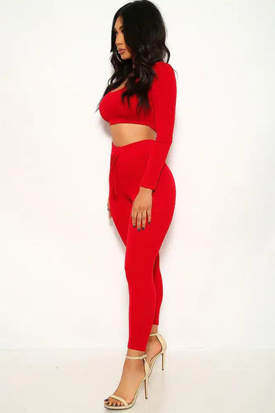 Wine Ribbed Long Sleeve Two Piece Outfit - AMIClubwear