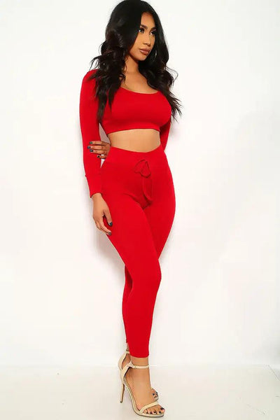 Wine Ribbed Long Sleeve Two Piece Outfit - AMIClubwear