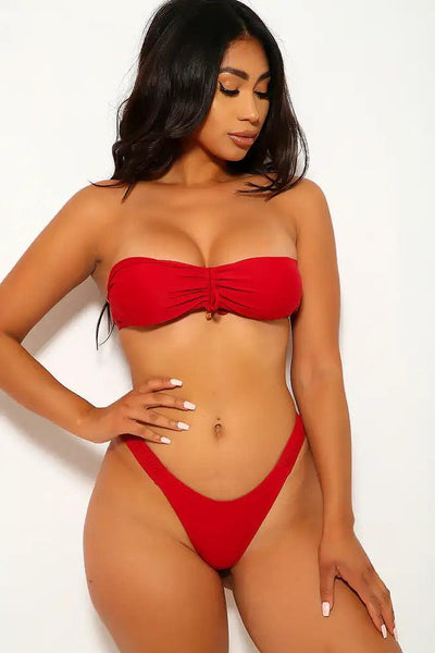 Wine Ruched Bandeau Cheeky Two Piece Swimsuit - AMIClubwear