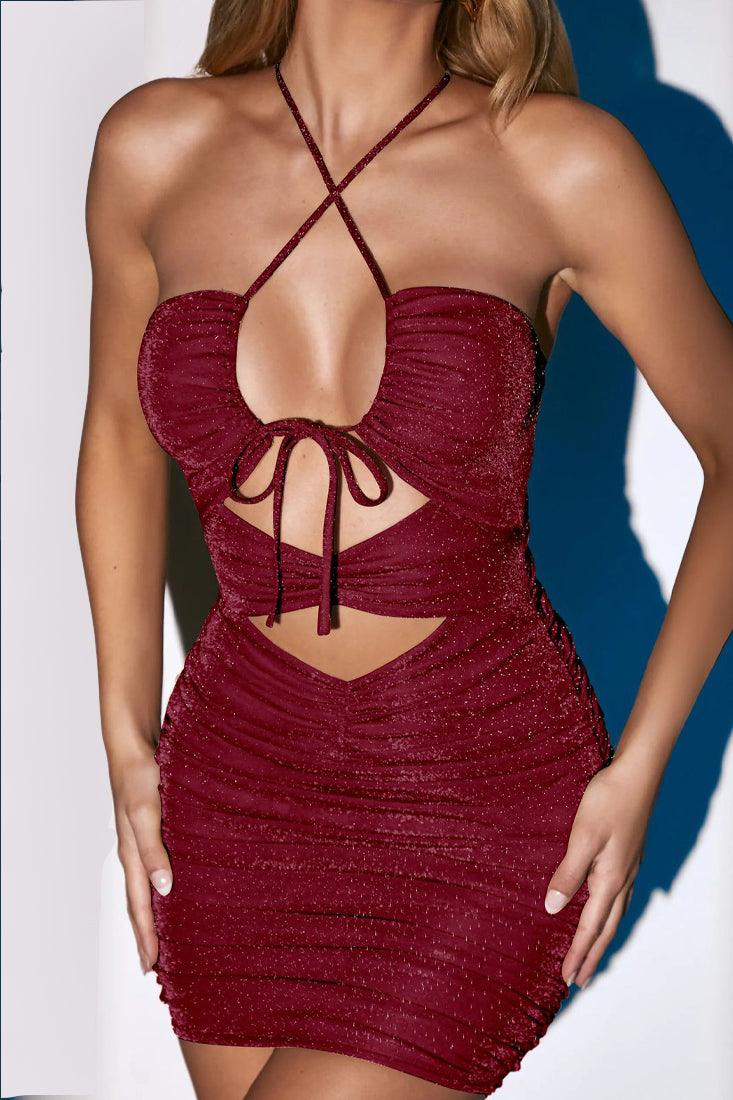 Wine Shimmery Sleeveless Cut Out Sexy Party Dress - AMIClubwear