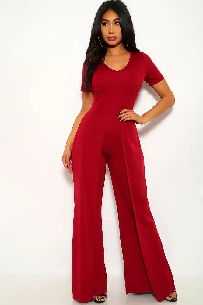 Wine Short Sleeve Flared Dressy Jumpsuit - AMIClubwear