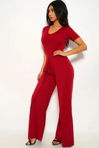 Wine Short Sleeve Flared Dressy Jumpsuit - AMIClubwear