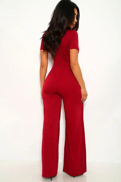 Wine Short Sleeve Flared Dressy Jumpsuit - AMIClubwear