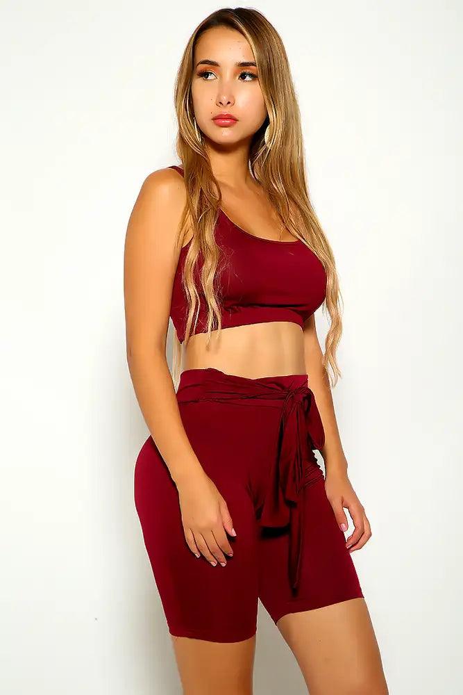 Wine Sleeveless Belted Two Piece outfit - AMIClubwear