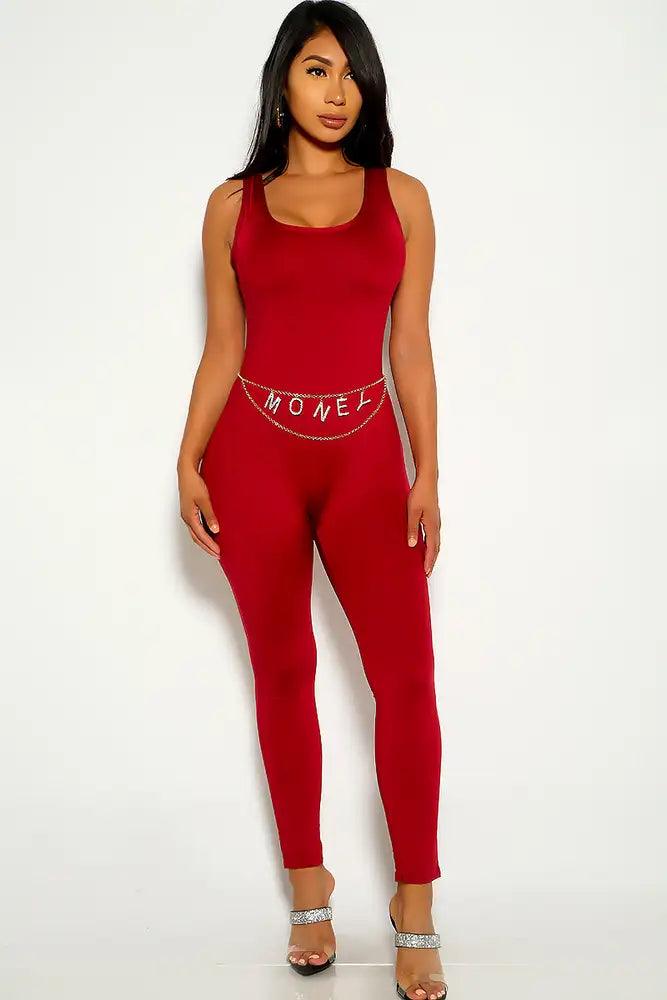 Wine Sleeveless Casual Jumpsuit - AMIClubwear